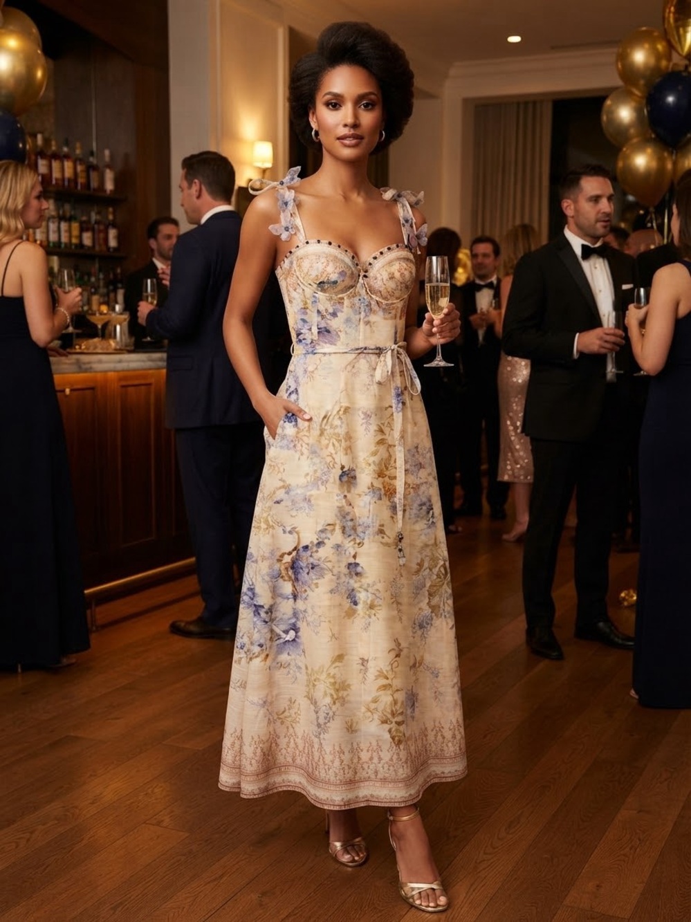 Elegant Floral Lace-Trim Midi Dress in Cream and Blue
